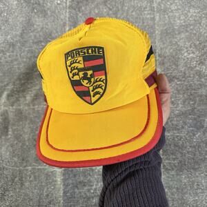 Mens Vintage 70's Porsche Stuttgart Yellow Striped Mesh Trucker Snapback Hat Cap